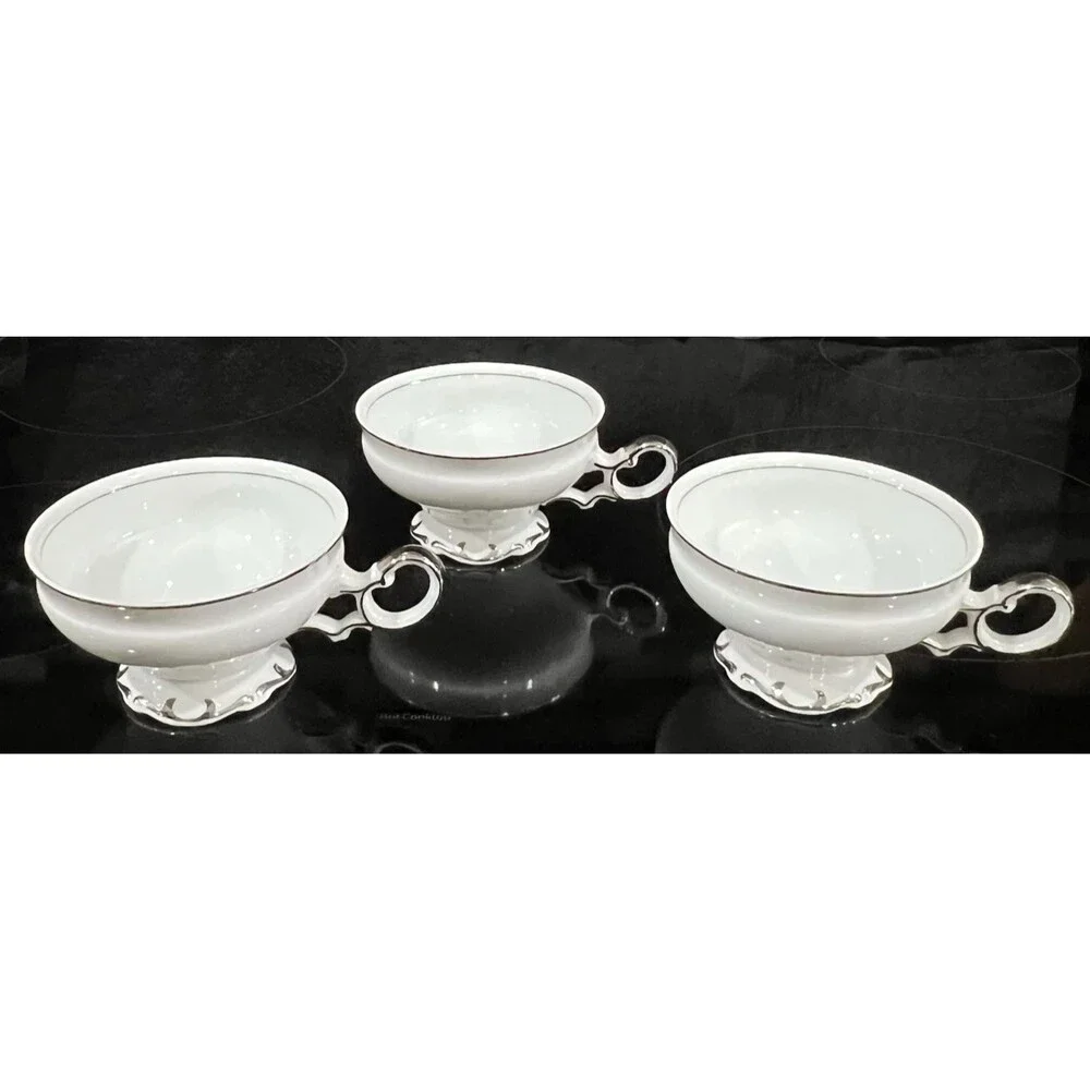 Set of 3 Mikasa Marlboro Footed Tea Cups 9267 Platinum Trim White Fine China